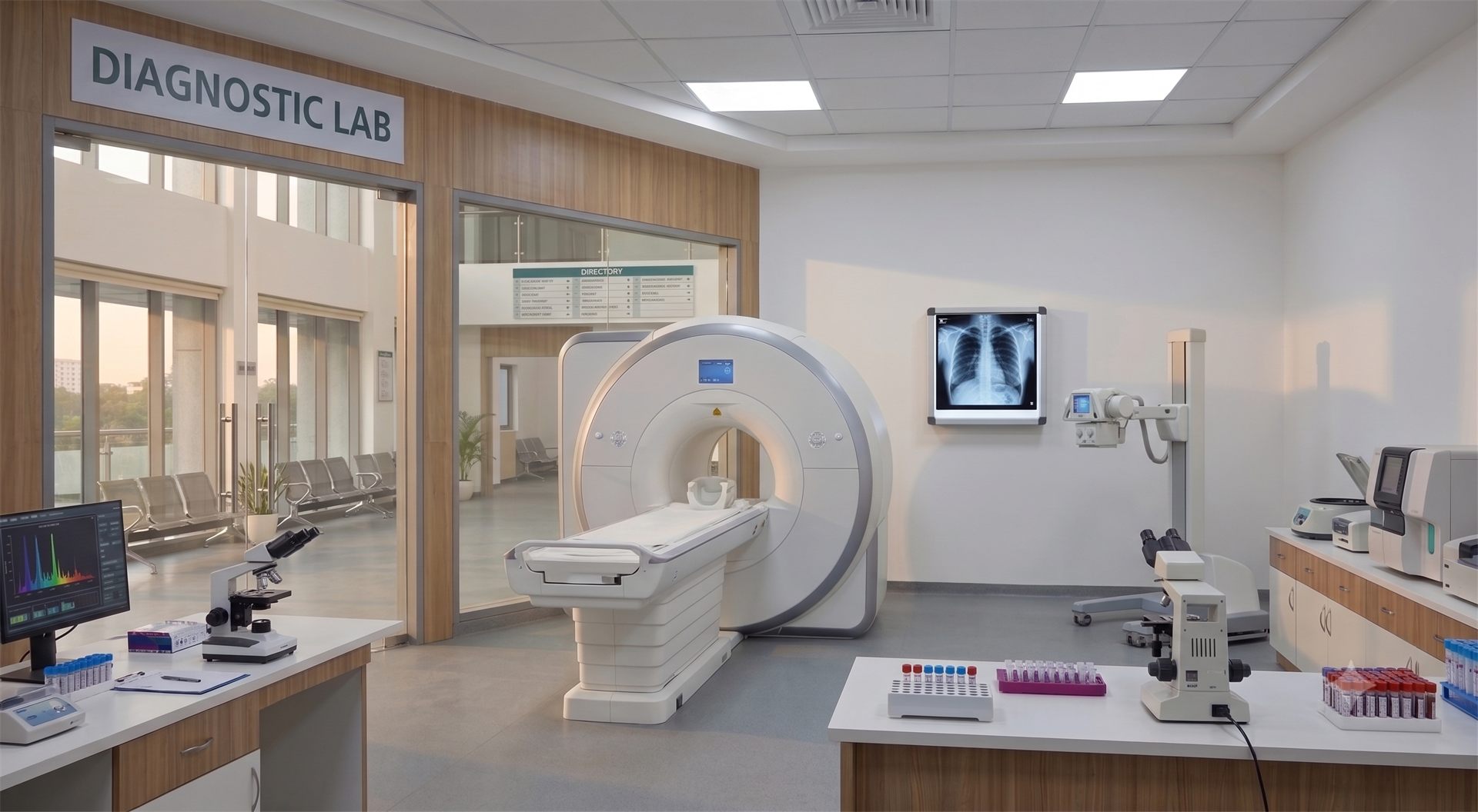 Diagnostic lab interior with MRI and testing equipment