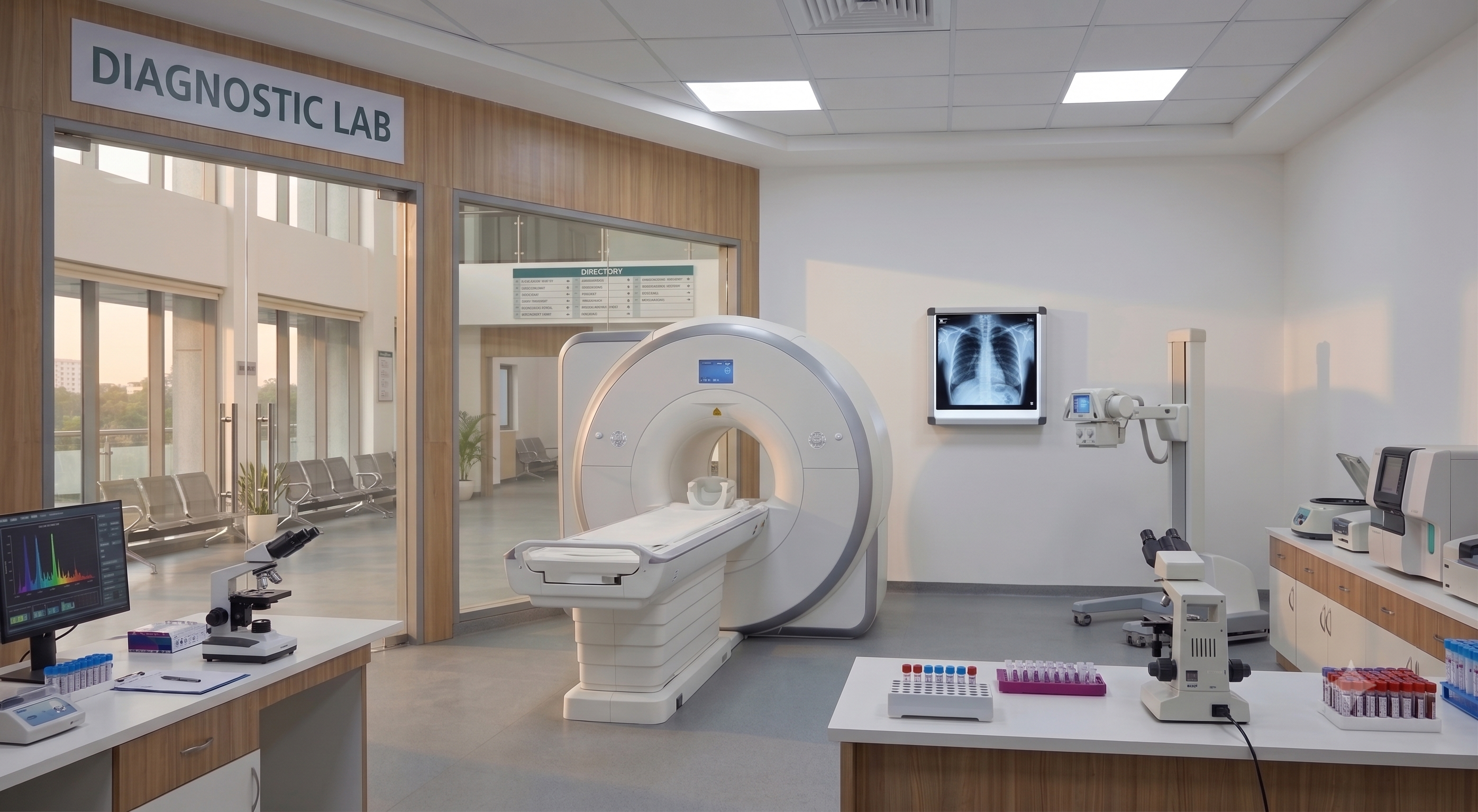 Diagnostic lab interior with MRI and testing equipment
