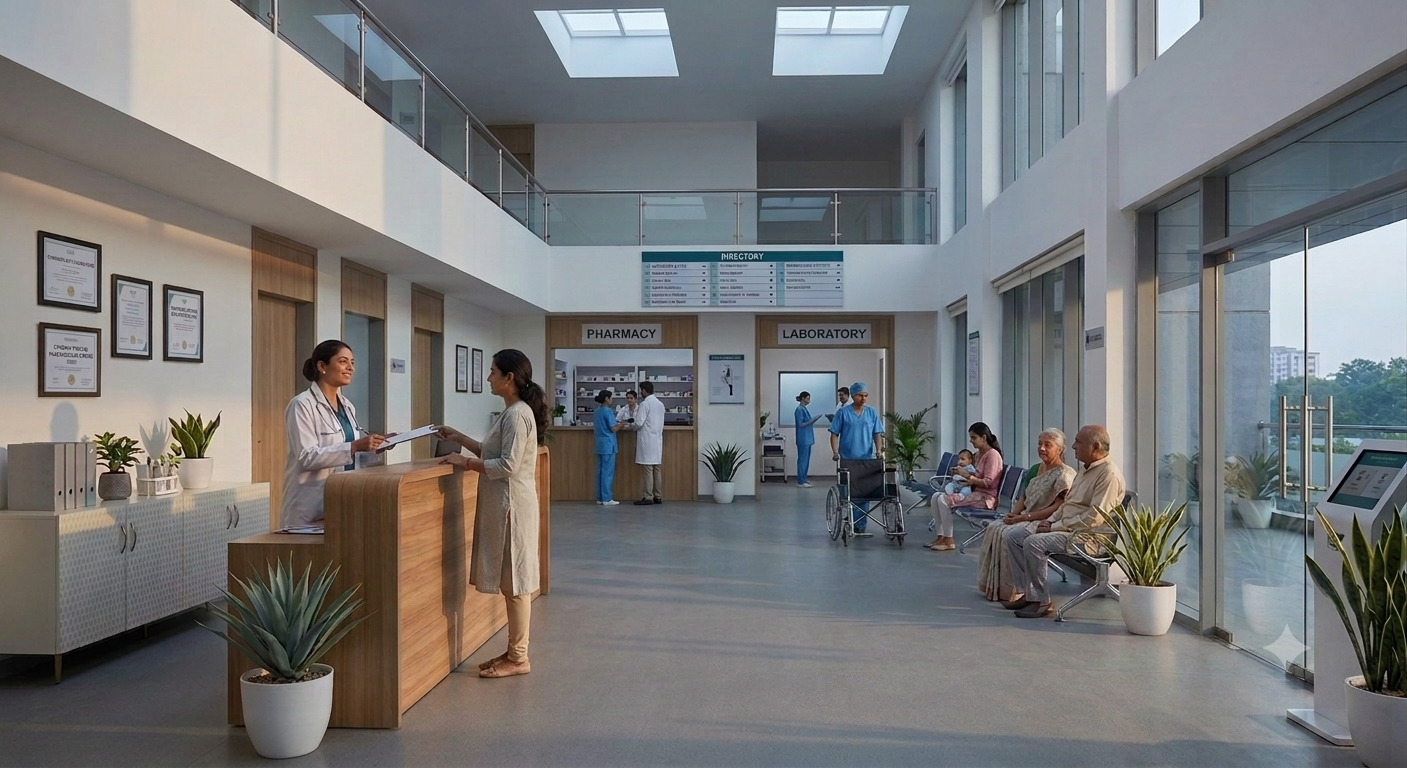 Hospital lobby with reception, waiting area and pharmacy