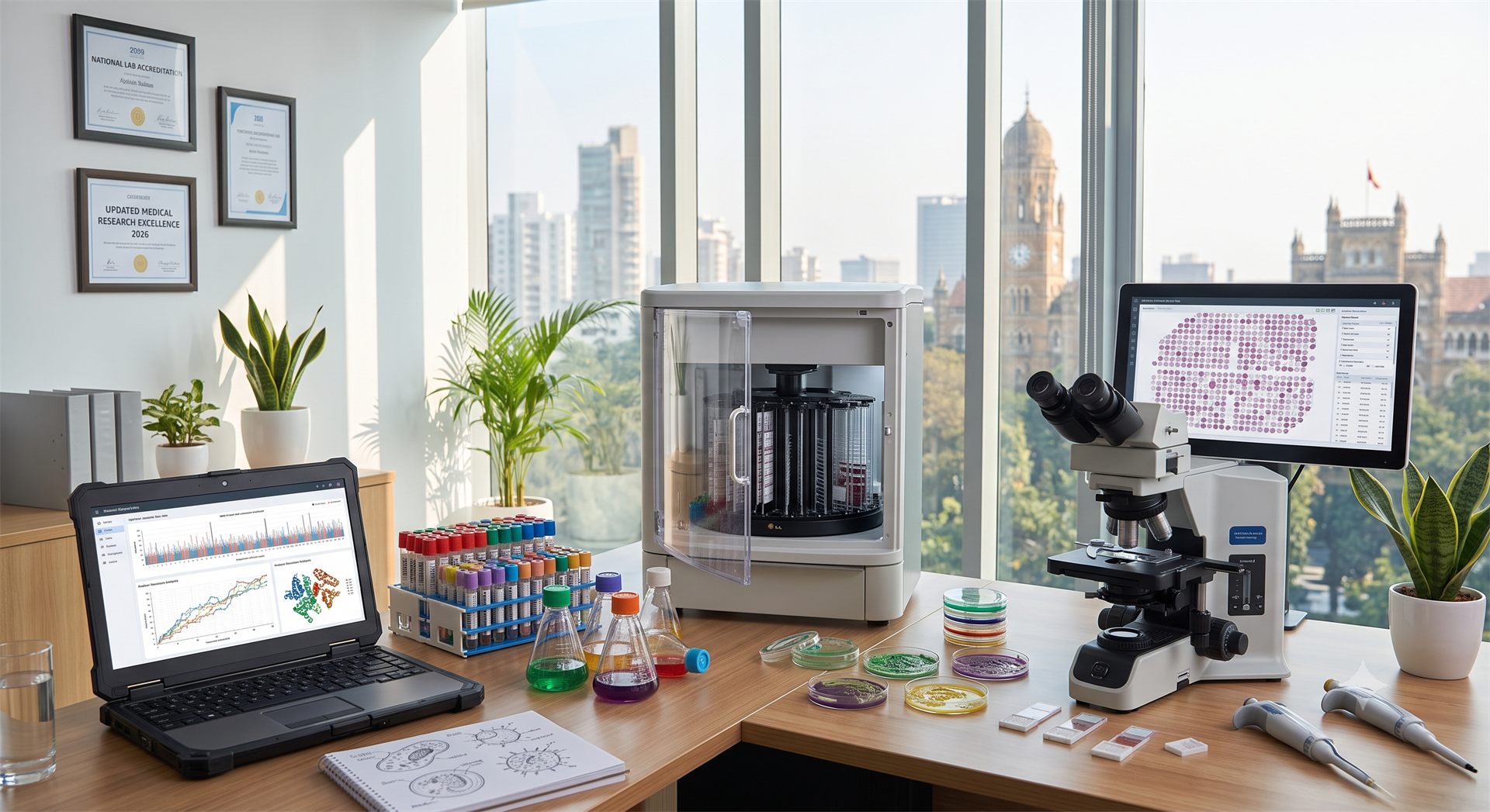 Pathology lab with microscope, samples and analysis workstation
