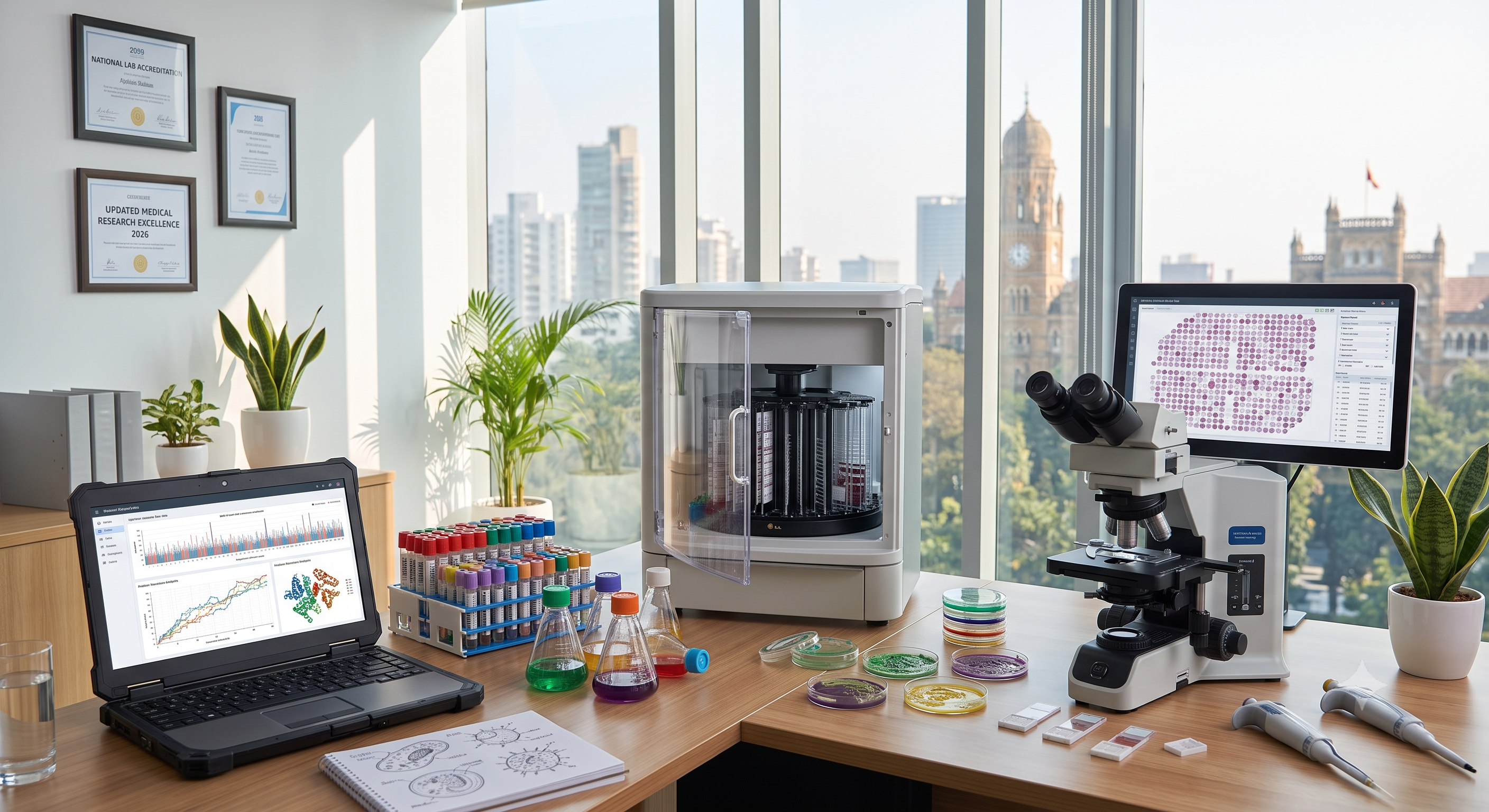 Pathology lab with microscope, samples and analysis workstation