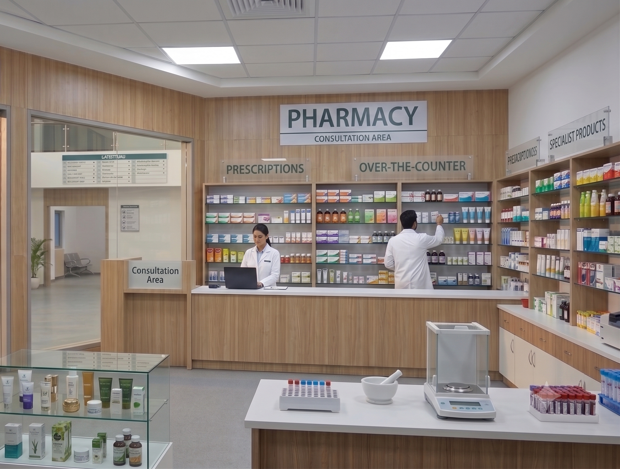 Pharmacy interior with prescription and OTC counters