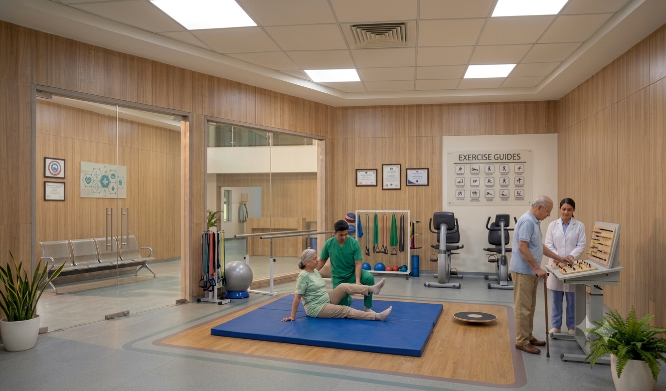 Rehabilitation therapist supporting a patient through recovery exercises
